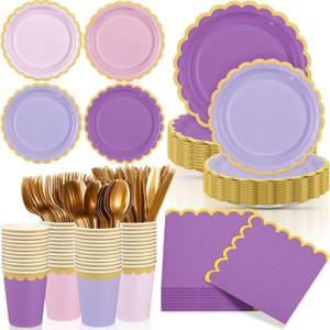 Mimorou 169 Pcs Purple Plates and Napkins Party Supplies for Guests Lavender Purple and Gold Tableware Include Scalloped Plates Paper Napkin Cup Spoon Fork Knife for Baby Shower, Wedding, Birthday