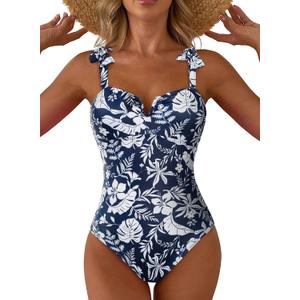 Aleumdr Swimming Suits for Women 2026 Sexy Printed One Piece Swimsuit Floral Tummy Control Bathing Suit V Neck Boho Tie Shoulder Monokini Navy Blue Small