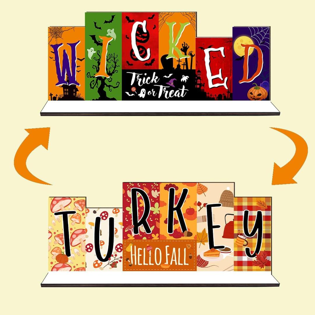 2 x Double-sided Halloween Table Decorations Thanksgiving Tiered Tray Decor Wooden Table Sign, Fall WICKED Party Trick Decoration Tabletop Centerpiece Turkey for Desk Tiered Tray shelf Decor