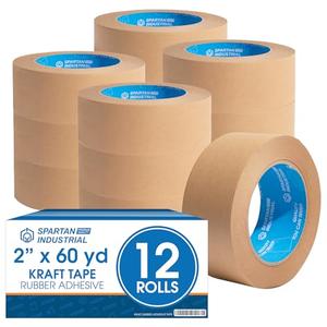 Spartan Industrial - 2" X 60 yd Kraft Tape with Rubber Adhesive - 24 Rolls of Brown Packing Tape for Moving Boxes and Shipping - 7 Mil