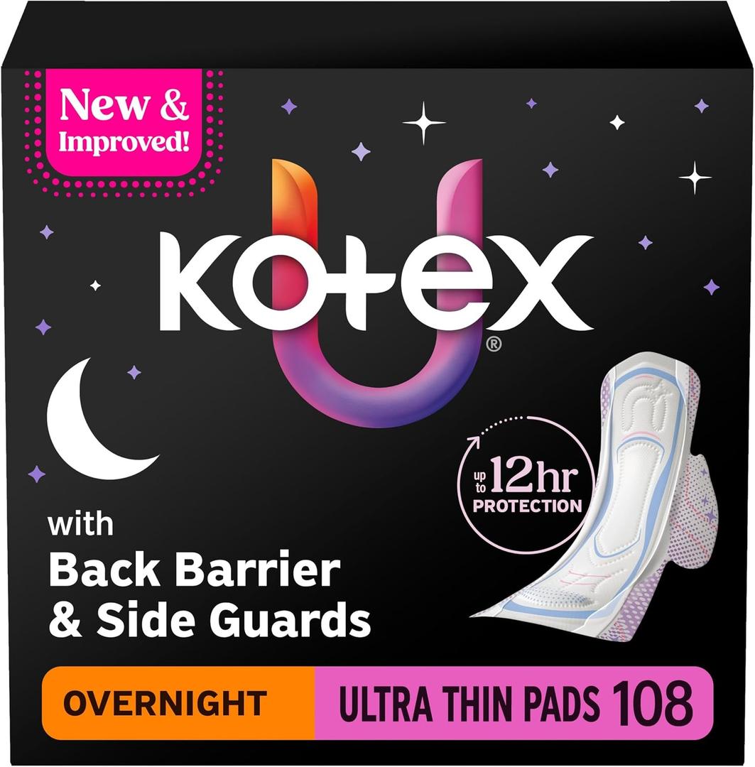 Kotex Ultra Thin Overnight Pads with Wings, Heavy Absorbency, 108 Count (3 Packs of 36)