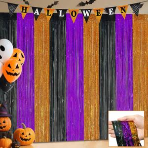 Halloween Party Decorations, 3 Pack Glittery Halloween Foil Fringe Curtains 3.3 X 6.6 ft, Orange Purple Black Tinsel Party Backdrop Photo Booth Props Streamers Birthday Party Supplies