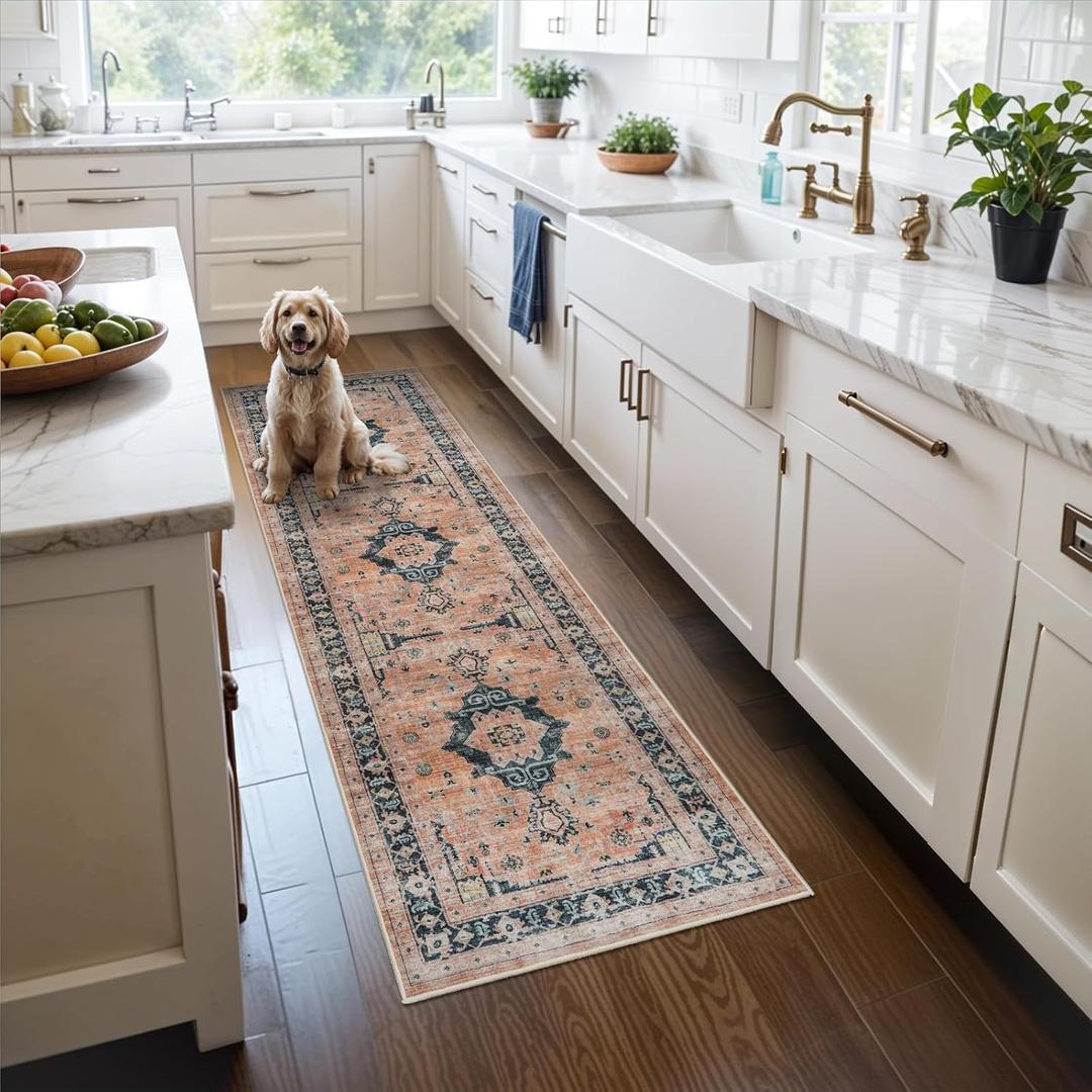 Hallway Washable Runner Rug - 2x7 Kitchen Rugs Entryway Rug Runner Vintage Soft Floor Mat Non Slip Indoor Farmhouse Carpet for Bathroom Living Room Bedroom (2 X 7, Orange)