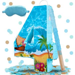Blue Sea Number 4 Pinata, 16 Inch Hawaii Beach Theme Piñata for 4th Birthday Party Decorations with Stick, Blindfold and Confetti (Blue Sea 4 Pinata)