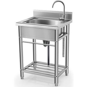 Utility Sink Free Standing Single Bowl Kitchen Sink with Cold and Hot Water Pipe Stainless Steel Sink for Laundry Room Bathroom Farmhouse (23 Inch)