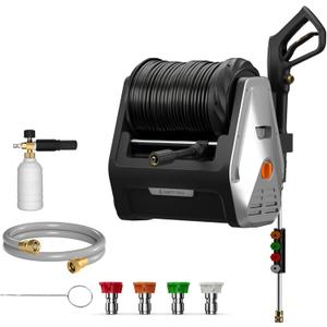 Giraffe Tools Grandfalls Pressure Washer, Max 2900 PSI, 2.2 GPM Electric Wall Mounted Power Washer with 100ft Retractable Pressure Hose, Foam Cannon, 4-Nozzles for Car/Driveways/Patios, Light Silver