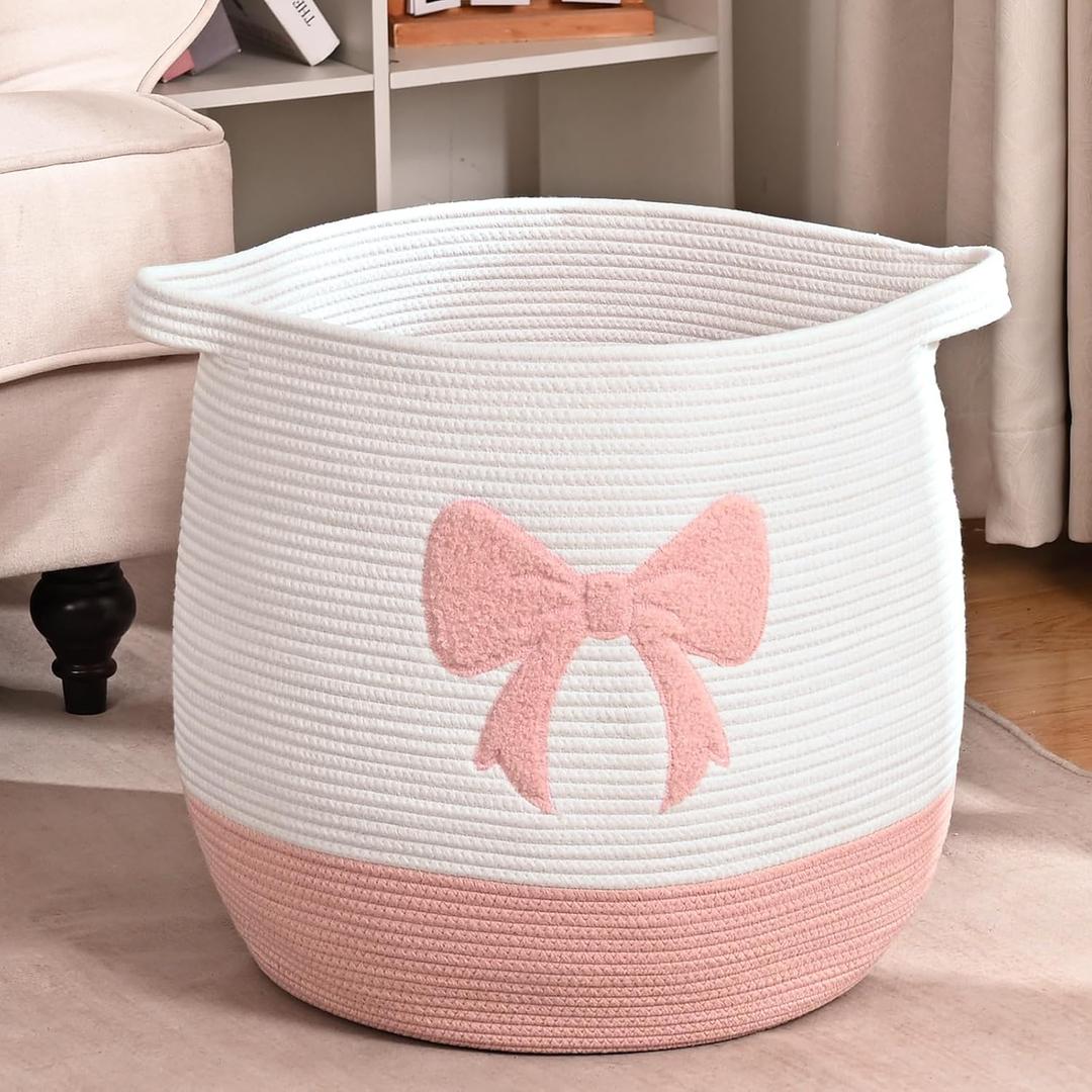 Large Baby Laundry Basket, Pink Laundry Hamper for Baby Girl, Toy and Blanket Storage Basket, Cotton Rope Baskets for Organizing 17"x15.7"