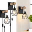 Lomoky Plug in Wall Sconces Set of Two, Vintage Wood Wall Lamps with Plug in Cord, Farmhouse Wall Light Fixture with 5.25FT On/Off Switch Cord, Indoor Sconces Lighting for Bedroom Living Room