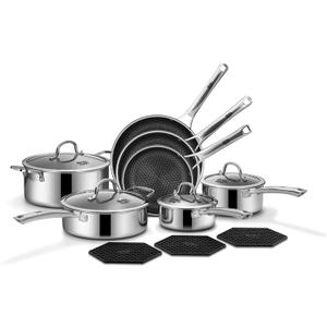 SNOWCLAD Pots and Pans Set Non Stick, 14 Pcs Hybrid Stainless Steel Cookware Sets, Non Stick Frying Pans, Saucepans, Saute Pan & Stock Pot, PFOA Free Kitchen Skillet,Induction Compatible