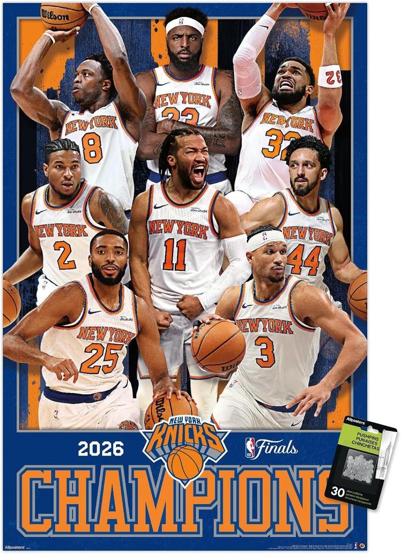 Trends International NBA New York Knicks - 2026 NBA Finals Champions Wall Poster with Pushpins, 34L x 22.4W, Premium Poster & Push Pin Bundle