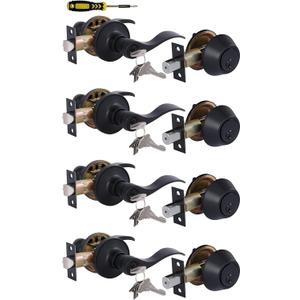 Lanwandeng Keyed Alike Front Door Lever Lockset with Single Cylinder Deadbolt Combination Set, All Keyed Same Exterior Door Handle with Lock and Deadbolt,Black Finished, 4 Sets