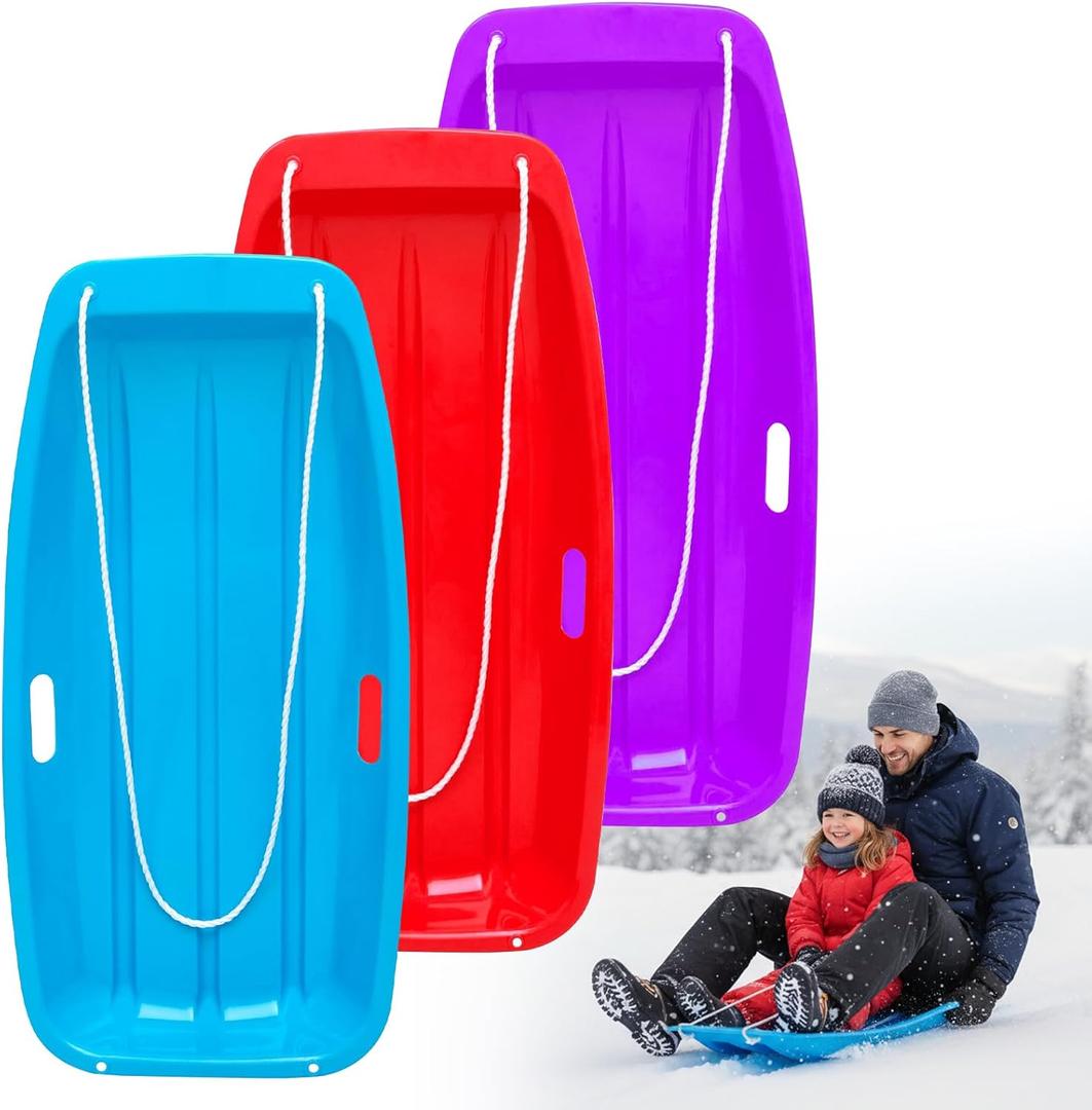 Snow Sled, 3PCS Snow Sleds for Kids and Adult, Plastic Toboggan Snow Sled for up to 2 Riders with Pull Rope and Handles, 35in Sleds for Winter Skiing Outdoor Sledding Gift