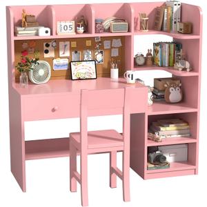 Wooden Pink Kids Study Desk and Chair Set, 2 Drawers and 2 Storage Cabinets, Children Desk with 4 Open Hutch and Bookshelf, Girls Study Desk for Kids Bedroom