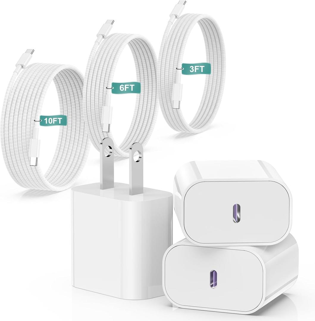 iPhone 16 15 Charger Fast Charging 20W USB C Wall Charger Block with 3 Pack [3ft+6ft+10ft] USB C to C Cable Fast Charging for iPhone 15/16 Pro Max/15/16 Pro/15/16 Plus/iPad Pro 12.9/11/Air/Samsung