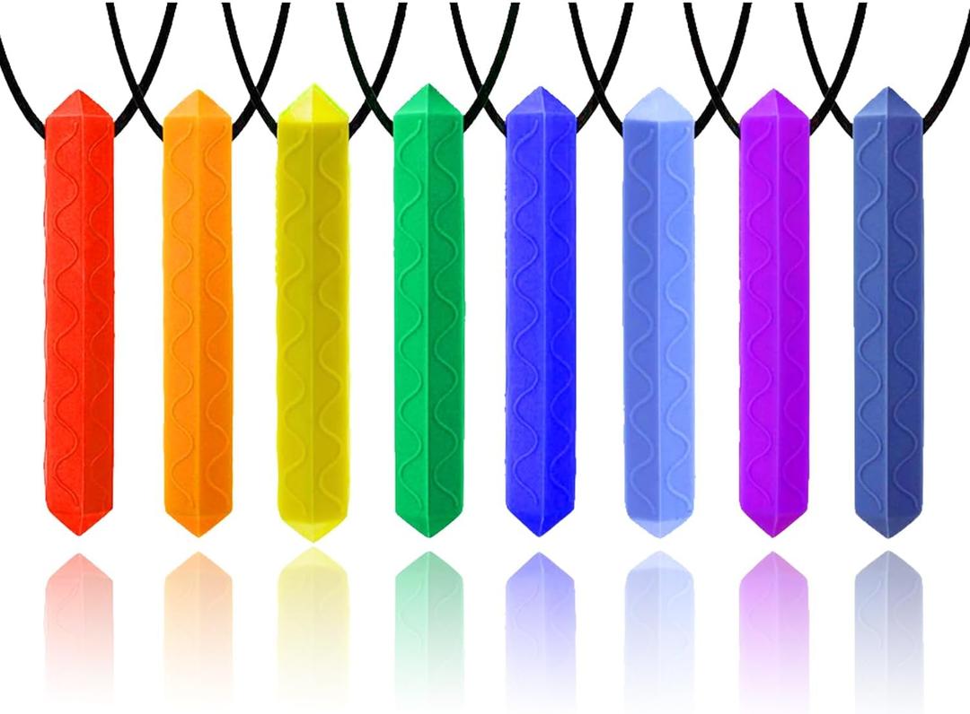 Sensory Chew Necklace, 8 Pack Diamond Chew Necklaces for Sensory Kids, Made from Food Grade Silicone for for Autistic, ADHD, Oral Motor Boys and Girls Children (Rainbow Color) (Red,Blue,Orange,Yellow, Green, Gray, Baby Blue, Purple)