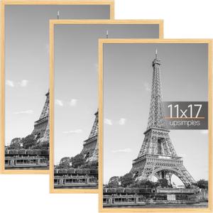 upsimples 11x17 Picture Frame Natural 3 Pack, Scratch-Proof 11 x 17 Poster Frames for Photo Gallery - Slide-In Strips, Horizontal or Vertical Wall Mounting