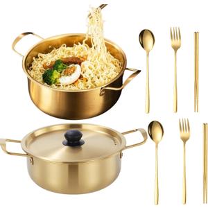 Korean Ramen Pot With Lid, Pack of 2  Korean Noodle Cooker, Korean Pot Stainless Steel Cooking Pot for Soup, Pasta, Dishwasher Safe (7", 7.9")