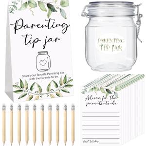 Roowest Baby Shower Advice Cards for New Parents to Be - Tip Jar Sign for New Parents 60 Parenting Advice Cards 10 HB Pencils 2 Cute Stickers 1 Pet Bottle for Guests Games(Leaf)