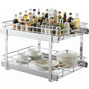 2 Tier Pull Out Cabinet Organizer 15"W x 22"D, Heavy Duty Slide Out Drawers for Base Cabinets, Electroplated Stainless Steel Pull-out Shelves for Kitchen Bathroom Pantry, Under Cabinet Sliding Rack