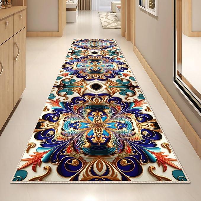 Washable Corridor Runner Rug, NonSlip Vintage Hallway Rug Runner with Upgrade Rubber Backing, Stain Resistant Faux Wool Distressed Carpet for Bedroom Kitchen Laundry Corridor Balcony (142" x 35.5")