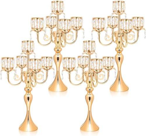 Kehail Gold Candelabra Candle Holders, Elegant Bling Centerpiece with Pendant Crystal Table Decorations 5 Arms Candlesticks for Dining Room,22 Inches Tall (4, Gold)