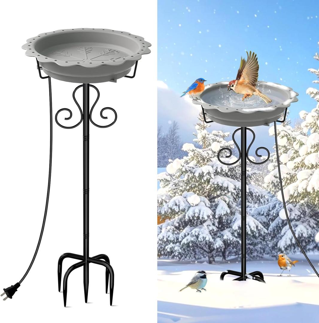 Webuys Heated Bird Baths for Outdoors, 100W Heated Birdbath Bowl for Outdoors for Winter with 5-Prong Metal Base Thermostat Control, Heated Bird Bath for Outside Winter Garden Patio Yard Lawn (Gray) 