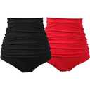 COCOPEAR Women's Ruched High Waisted Bikini Bottom Retro Vintage Swim Short Tankinis (Pack of 2) Black+Red L/8-10