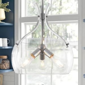 15.7" Industrial Glass Chandelier, 3-Light Large Farmhouse Chandelier, Brushed Nickel Hanging Pendant Light Fixture with Glass Shade for Dining Room Kitchen Sink Hallway Entryway