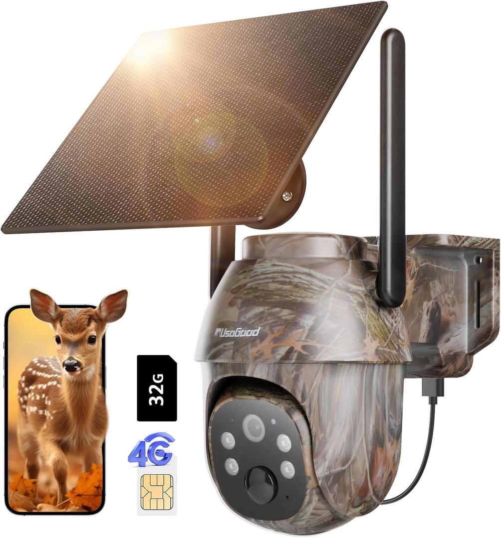 usogood Cellular Trail Cameras Live View Solar Powered, 360 Deer Cameras Game Cameras That Send Pictures to Cell Phone, Night Vision, Motion Activated, IP66 Waterproof, Include SIM Card (Only in US) (4G)