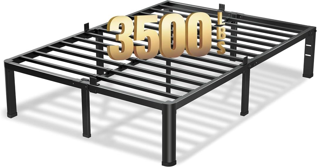 18 Inch Queen Bed Frame, 3500Lbs Heavy Duty Metal Platform with Round Corner Legs Mattress Slide Stopper, Steel Slat Support No Box Spring Needed, Noise Free, Non-Slip, Easy Assembly
