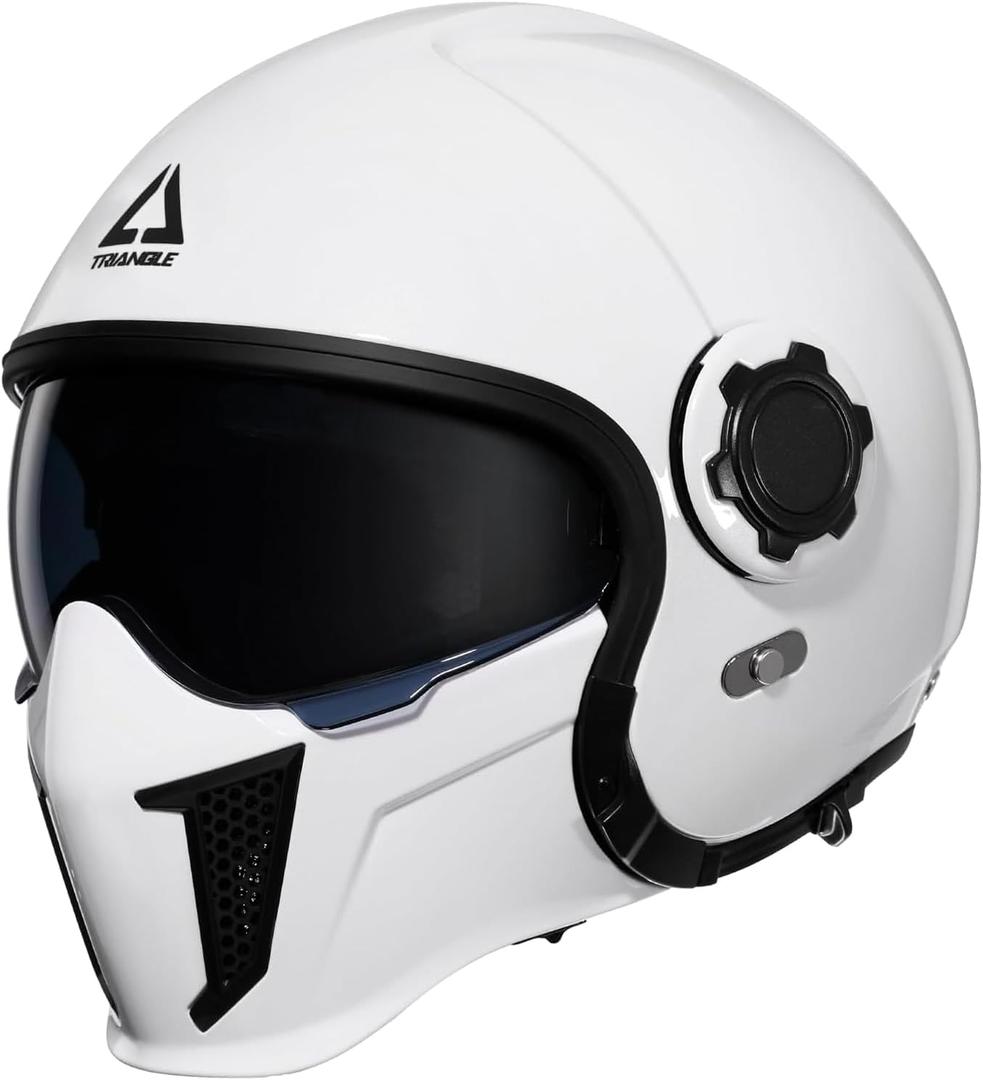 TRIANGLE Full Face Motorcycle Helmets, Off-Road Motocross Helmet for Men & Women, Dual Visor with Internal Tinted Sunshield, Open Face 3/ 4 Adult Racing Helmet DOT Approved (White, M)