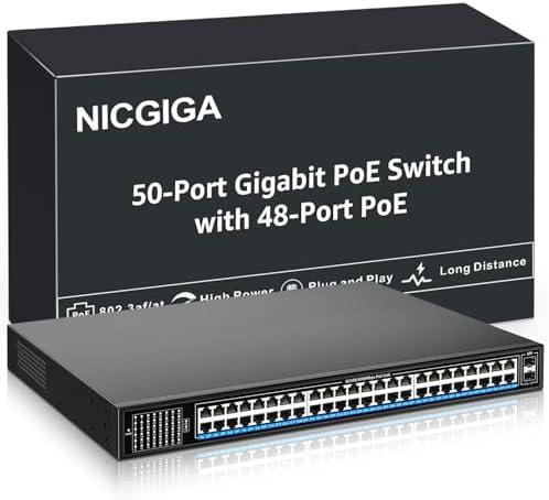 48 Port Gigabit PoE Switch Unmanaged with 48 Port IEEE802.3af/at PoE+@400W, 2 x 1G SFP, NICGIGA 50 Port Network Power Over Ethernet Switch, Desktop/Rackmount