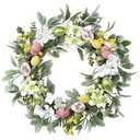 Valery Madelyn 24'' Collapsible Lighted Easter Wreaths for Front Door, Pre-lit Spring Door Wreath with Pastel Eggs, Daisy Flowers & Silk Lambs Ear Leaves, Farmhouse Indoor Outdoor Wall Window Decor