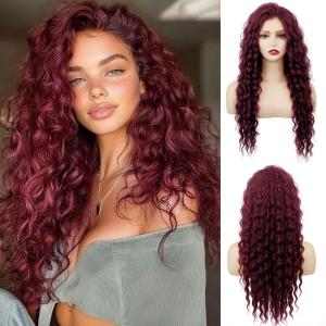 Long Wine Red Curly Wavy Wig for Women Natural Ombre Fluffy Synthetic Hair for Costume Cosplay Halloween Party