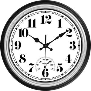 JENLYSTIME 12 Inch Indoor/Outdoor Retro Waterproof Wall Clock with Thermometer Silent Round Quartz Battery Operated Easy to Read Decorative for Kitchen Patio, Bathroom, Deck, Porch, Pool(Silver)