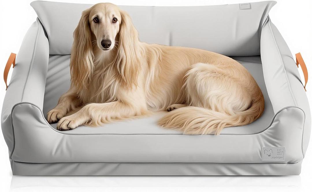 Removable Orthopedic Dog Beds for Large Dogs, Leather Memory Foam Dog Sofa Bed, Waterproof Durable Dogs Bed Couch with Non Skid Bottom for All Pet Sizes (Silver Gray, Large)