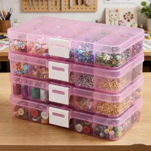 4-Pack Plastic Organizer Boxes with 40 Grids, Stackable Jewelry & Craft Storage Case, Waterproof Hardware Parts Holder for Beads, Nails, and Fishing Tackle, Portable DIY Hobbyist Gift (Pink)