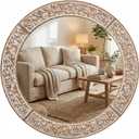 24 Inch Farmhouse Round Wall Mirror, Rustic Wooden Frame Circle Mirrors, Decorative Distressed Hanging Mirror for Bathroom Living Room Bedroom Entryway