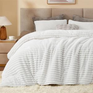 BEDELITE Fleece Queen Comforter Set -Super Soft & Warm Fluffy  White Bedding, Luxury Fuzzy Heavy Bed Set for Winter with 2 Pillow Cases