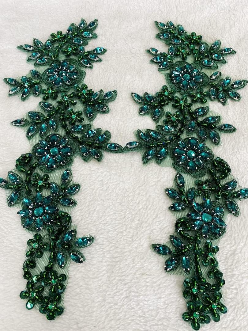 Handmade red/White//Green/Blue Rhinestones Applique Sewing Beads Stones Trim lace Patches Accessory for Dress Clothes one Pair (deepgreen)