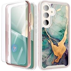 for Samsung Galaxy S24 Plus Case with Screen Protector, [Military Grade Drop Test] Full Body Protection Slim Shockproof Rugged Marble Cover 6.7" for Women Men (Jade Gold)