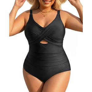 Daci Plus Size One Piece Swimsuits - Tummy Control Bathing Suit for Women Cutout Swimwear (Black), 14W