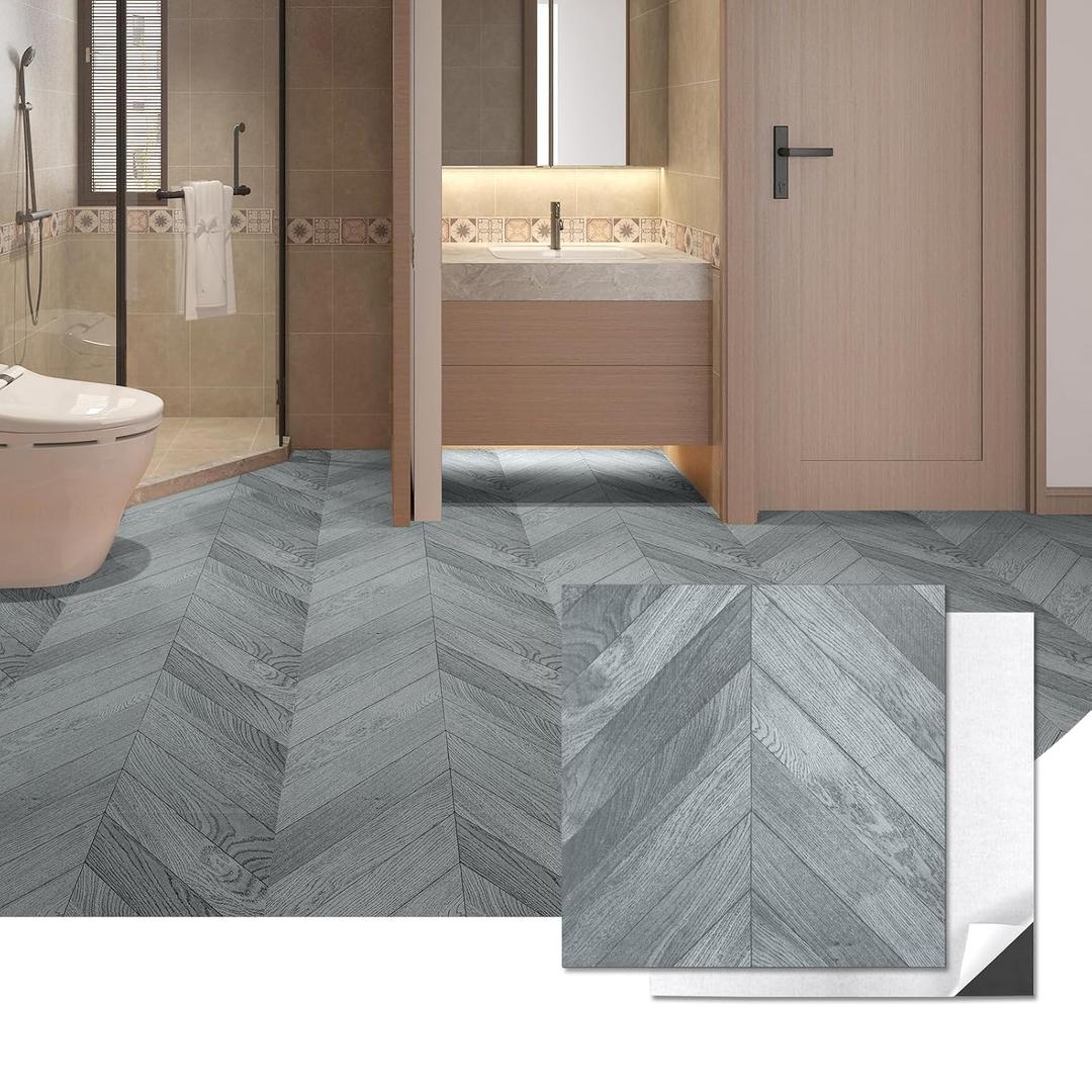 Art3d 30-Pack Herringbone Peel and Stick Vinyl Floor Tiles, 12" x 12" Self Adhesive Waterproof Wood Flooring Plank for Kitchen Bathroom Bedroom, Cover 30 Sq. Ft, Grey