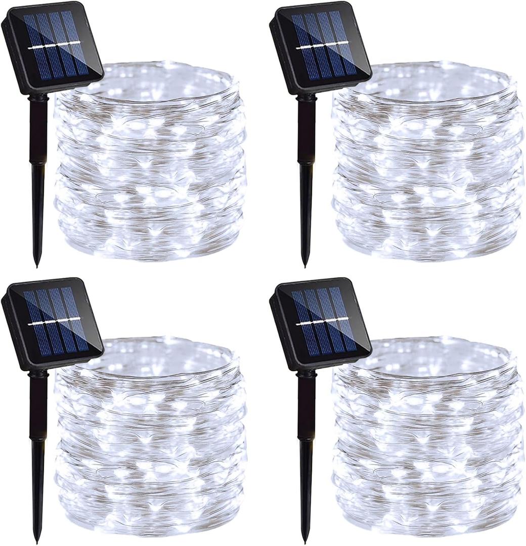 4 Pack Solar Fairy Lights 131.2Ft 400 LED, Twinkle Lights with 8 Modes, Waterproof Silver Wire String Lights for Garden Patio Party Weding Decorations (Cool White)