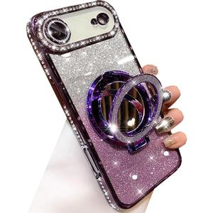 Magnetic Kickstand Glitter Case for iPhone Air,[Compatible with Magsafe] Cute Bling Sparkly Rhinestones with Camera Lens Protector Makeup Mirror Women Girls Case for iPhone 17 Air 6.5",Purple