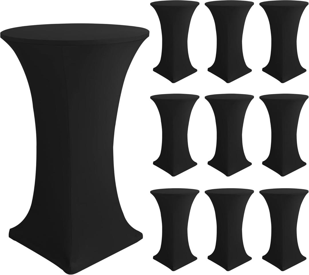 Cocktail Table Covers-Spandex Round High Top Table Cloths 10 Pack 32x43 Inch-Black Stretch Fitted Bar Tall Tablecloth for Pub Bistro Highboy Party Event Banquet Height Folding Satnding