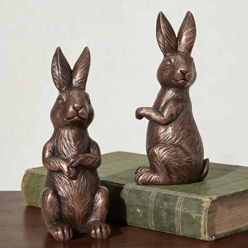DN DECONATION Easter Decorations Bunny Figurines Set of 2 - Bronze Rabbit Statues Farmhouse Spring Vintage Home Decor, Resin Easter Tabletop Antique Decor for Shelf, Mantel, Coffee Table