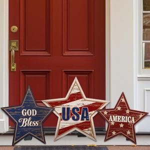 4th of July Patriotic Porch Sign Memorial Day Front Door Decoration Rustic Red White Blue Vertical Wooden Sign Outdoor USA Independence Day Decor for Front Porch Wall Outside