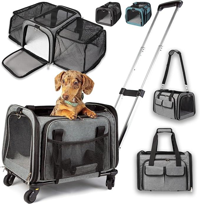 Pet Carrier with Wheels - MAX 12 lbs - United Delta American Frontier Airline Approved - Two Expandable Sides, Storage Pockets Adjustable Leash - Rolling Dog and Cat Carrier TSA Compliant (Grey)