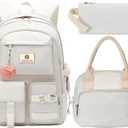 School Backpack for Teen Girls Women College Laptop Backpacks Kids Cute Bookbag Set with Lunch Box Pencil Case Elementary Middle High Campus Bag 3 Pcs Students Bookbags Sets Travel Daypack-Beige
